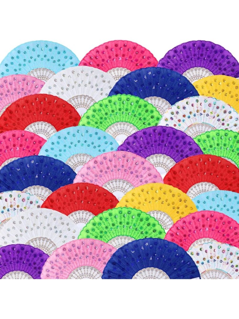 Vivid Colorful Chinese Folding Hand Fans - 100 Pcs Bulk with Sequins, Party